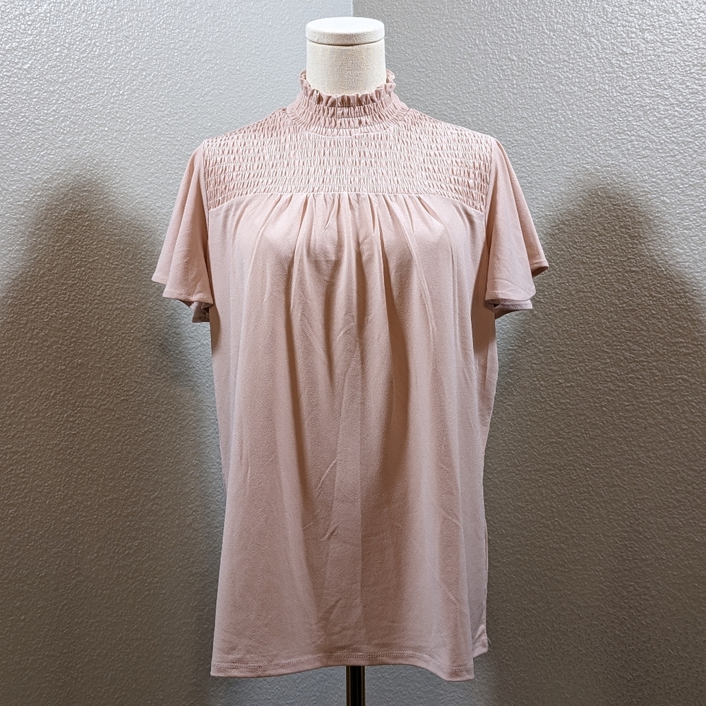 Adrianna Papell Champagne Smocked Yoke Short Sleeve Blouse, Large, NWT